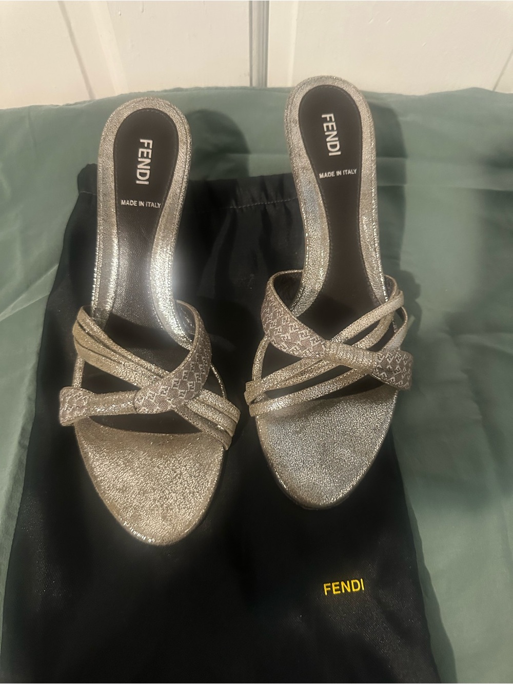 Fendi Metallic Silver Glitter Crisscross Slide Heels